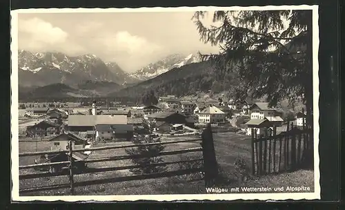 AK Wallgau, Totalansicht mit Wetterstein und Alpspitze