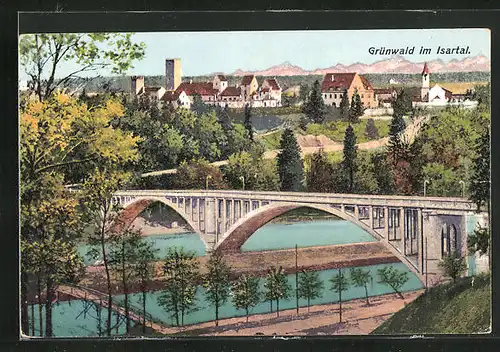 AK Grünwald /Isartal, Ortsansicht mit Brücke