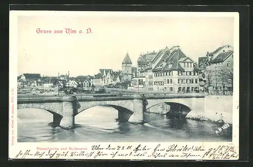 AK Ulm a.D., Donaubrücke und Stadtmauer