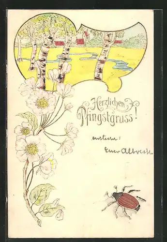 Präge-AK Maikäfer, Blütenzweig und Landschaftsbild