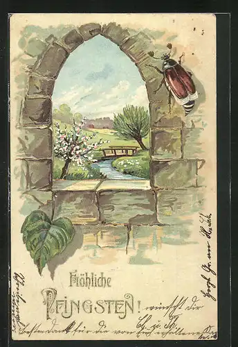 Präge-AK Blick durch ein Bogenfenster mit Maikäfer auf die Landschaft
