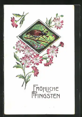 AK Maikäfer krabbelt auf einem Zweig, Blumen und Fröhliche Pfingsten