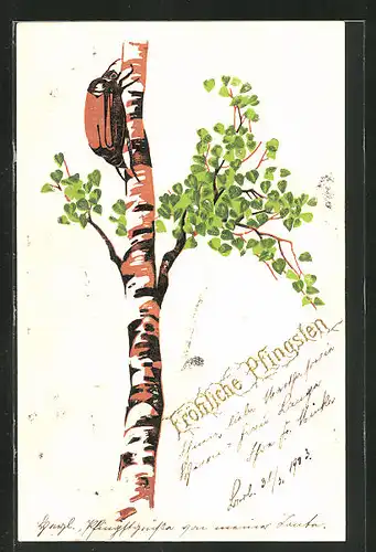 Präge-AK Maikäfer krabbelt einen Baumstamm hinauf