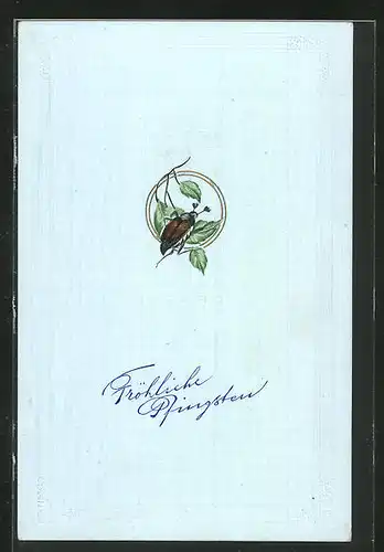Präge-AK Fröhliche Pfingsten mit Maikäfer auf Blattgrün