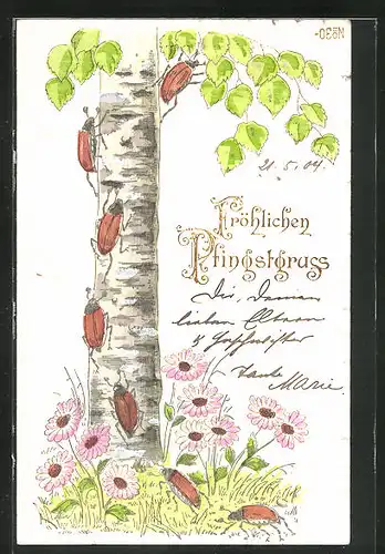 Präge-AK Maikäfer krabbeln einen Baum hinauf, Pfingstgruss