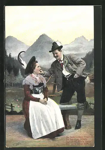 AK Liebespaar in bayerischen Trachtenkleidern