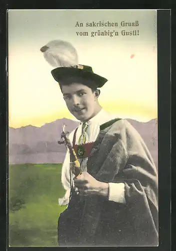 AK junger Bayer in Tracht mit Pfeife