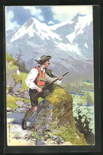 Künstler-AK Jäger in den Bergen auf der Pirsch