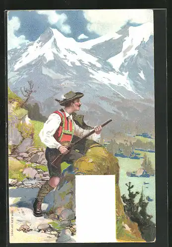 Künstler-AK Jäger in den Bergen auf der Pirsch