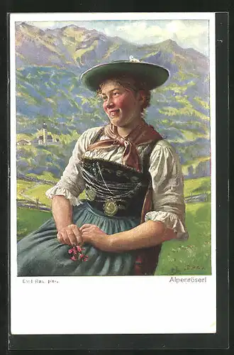 Künstler-AK junge bayrische Frau in Tracht vor Alpenpanorama