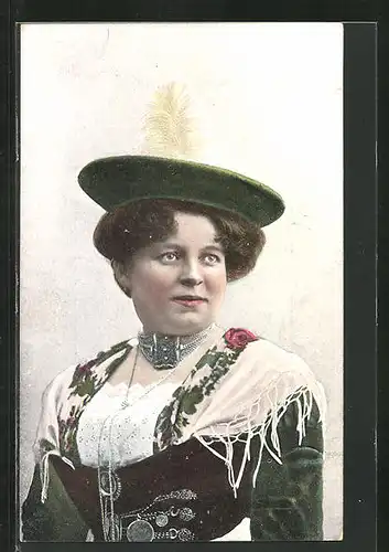 AK bayrische Frau in Trachtenkleid mit Hut