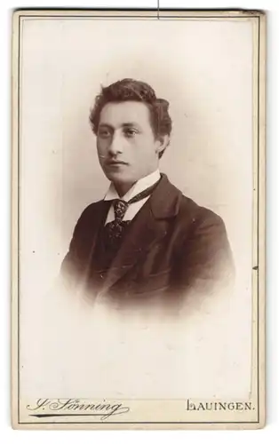 Fotografie F. Sönning, Lauingen, Gartenstr. 8, Portrait junger charmanter Mann mit Krawatte im Jackett