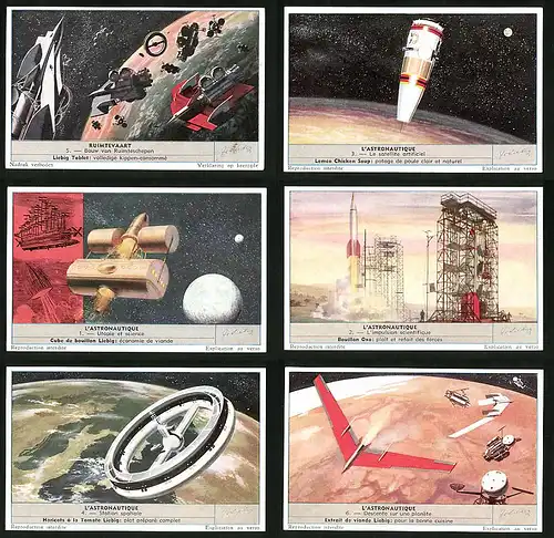 6 Sammelbilder Liebig, Serie Nr. 1638: L`Astronautique, Station spatiale, L`impulsion scientifique, Utopie et science