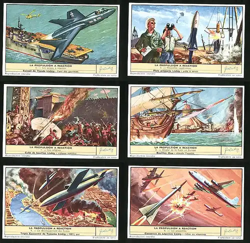 6 Sammelbilder Liebig, Serie Nr. 1653: La Propulsion A Reaction, Les origines, Les projectiles, Les avion à réaction