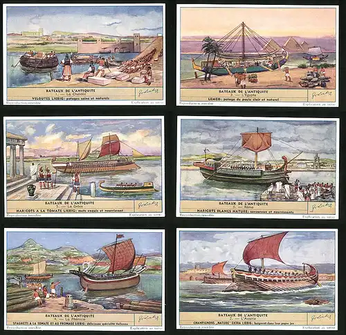 6 Sammelbilder Liebig, Serie Nr. 1584: Bateaux de L`Antique, La Phénicie, Rome, L`Assyrie
