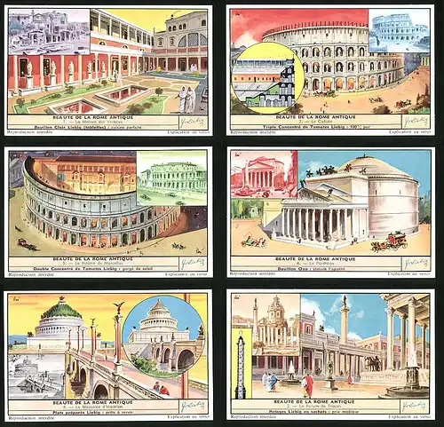 6 Sammelbilder Liebig, Serie Nr. 1662: Beaute de la Rome Antique, Le Forum de Trajan, Le Panthéon, Le Colisée