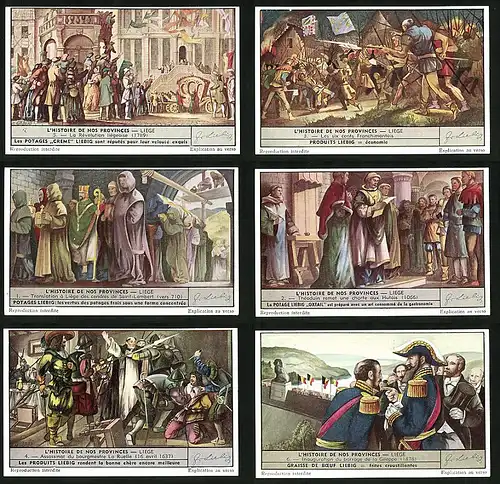 6 Sammelbilder Liebig, Serie Nr. 1525: L`Histoire de nos Provinces, Les six cents Franchimontois, La Révolution