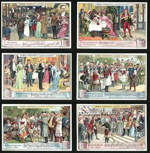 6 Sammelbilder Liebig, Serie Nr. 687: Joh. Strauss, Prinz Methusalem, Der Zigeunerbaron, Der lustige Krieg