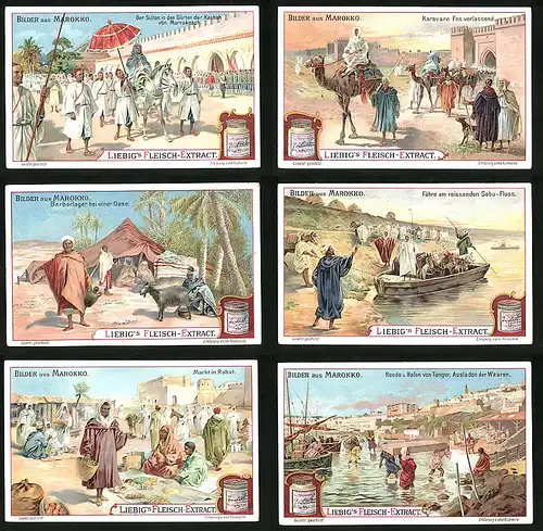 6 Sammelbilder Liebig, Serie Nr. 854: Bilder aus Marokko, Reede u. Hafen von Tanger, Markt in Rabat, Berberlager