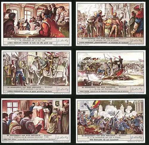6 Sammelbilder Liebig, Serie Nr. 1548: De Geschiedenis van onze Provincies, Stichting van de Leuvense Unveriteit