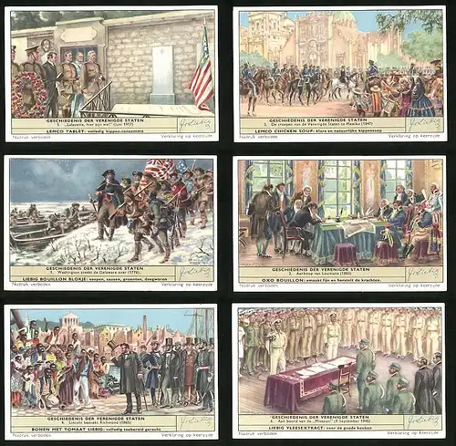 6 Sammelbilder Liebig, Serie Nr. 1659: Geschiedenis der Verenigde Staten, Aan bord van de Missouri, Lincoln bezoekt Ri.