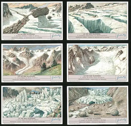 6 Sammelbilder Liebig, Serie Nr. 1389: La Vie de Glaciers, Langue en retraite, moulins et rabotage, Moraine médiane sur