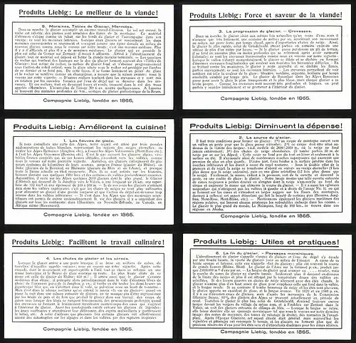 6 Sammelbilder Liebig, Serie Nr. 1389: La Vie de Glaciers, Langue en retraite, moulins et rabotage, Moraine médiane sur