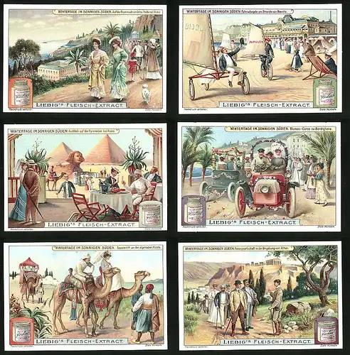 6 Sammelbilder Liebig, Serie Nr. 998: Wintertage im sonnigen Süden, Spazierritt an der algerischen Küste, Blumen-Corso