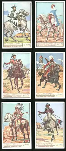 6 Sammelbilder Liebig, Serie Nr. 1394: De Groote Ruiters, De Gaucho, De Roodhuid, De Kozak, De Cow-boy, De Hongaar
