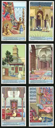6 Sammelbilder Liebig, Serie Nr. 1351: De Marokkaansche Kunst, De Moske van Abd er Rahman, Vazen Lantaarnen Tapijten
