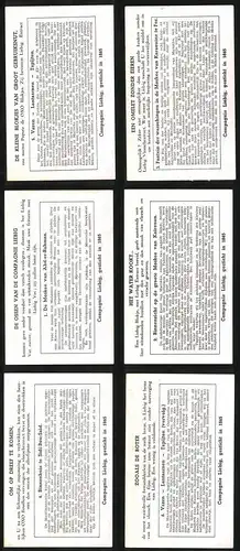 6 Sammelbilder Liebig, Serie Nr. 1351: De Marokkaansche Kunst, De Moske van Abd er Rahman, Vazen Lantaarnen Tapijten