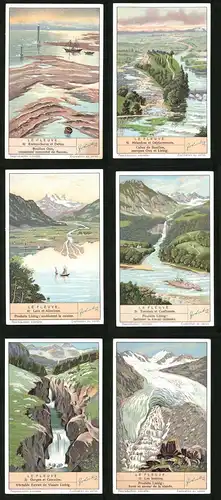 6 Sammelbilder Liebig, Serie Nr. 1353: Le Fleuve, Les Sources, Gorges et Cascades, Torrents et Cofluents