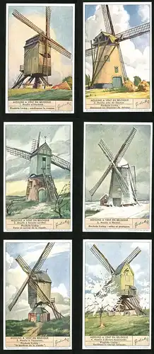 6 Sammelbilder Liebig, Serie Nr. 1441: Moulins a vent en Belgique, Moulin a Hechtel, Moulin d`Itterbeek