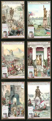 6 Sammelbilder Liebig, Serie Nr. 847: Berühmte Kollosalstatuen, Der Koloss von Rhodos, Die Rolandsäule von Halberstadt