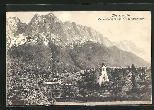 AK Obergrainau, Ortsansicht mit Wettersteingebirge und der Zugspitze