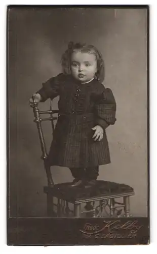 Fotografie Friedr. Kolly, Zwickau, Portrait kleines Mädchen im schwarzen karierten Kleid mit Locken