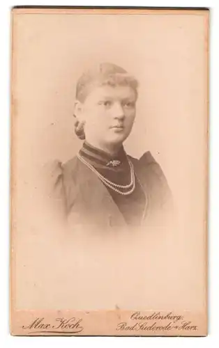 Fotografie Max Koch, Quedlinburg, Marktstr. 11, Portrait Dame im Biedermeierkleid mit Perlenkette und Brosche