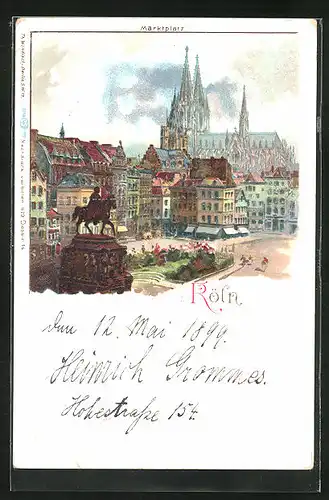 Lithographie Köln, Marktplatz gegen Dom