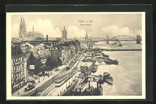 AK Köln a. Rh., Panorama mit Brücke und Strassenbahn