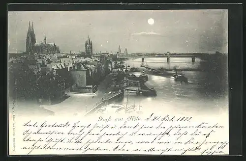 AK Köln, Teilansicht mit Brücke bei Mondschein