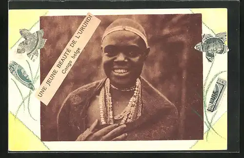 AK Urundi, Une jeune beauté, Afrikanerin mit Schmuck, Briefmarkencollage