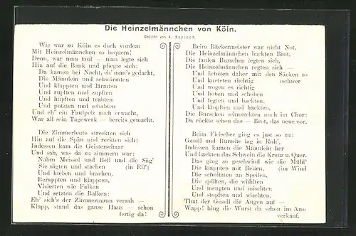 AK Köln, Heinzelmännchengedicht von A. Kopisch