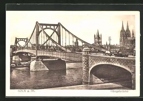 AK Köln, Hängebrücke mit Pferdekutschen