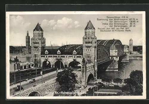 AK Köln, Blick auf die belebte Hohenzollernbrücke