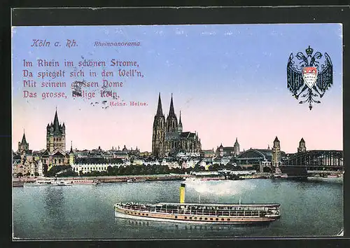 AK Köln, Rheinpanorama mit Schiffen, Dom, Stadtwappen