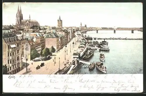 Lithographie Köln, Rheinufer mit Schiffen und Dom