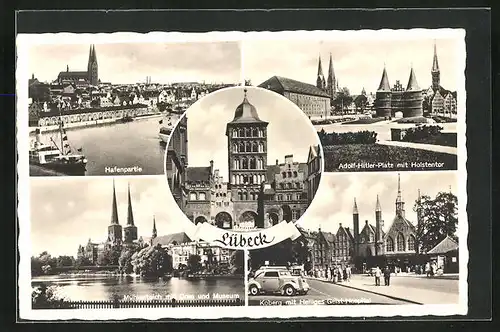 AK Lübeck, Hafenpartie, Koberg mit Heiliges-Geist-Hospital, Platz mit Holstentor