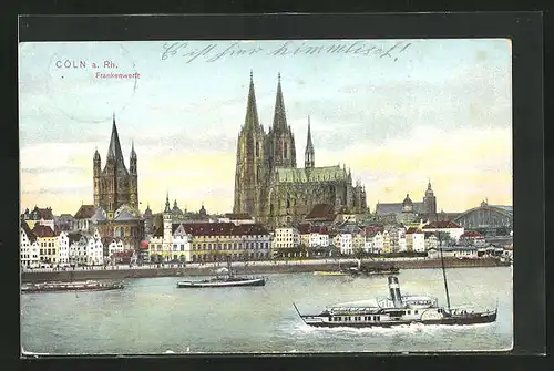 AK Köln a. Rh., Frankenwerft mit Dom und Dampfboot