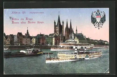 AK Köln a. Rh., Rheinpanorama mit Dampfern