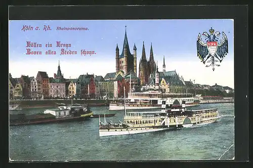 AK Köln a. Rh., Rheinpanorama mit Dampfern